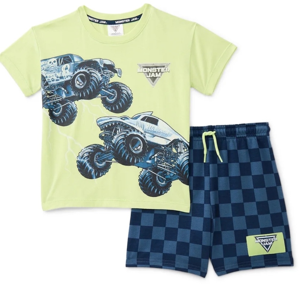 Monster Jam Lime Green Tee & Navy Checker Shorts Set